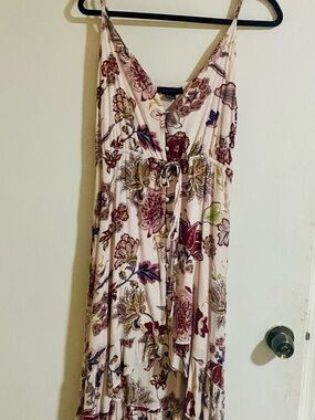 Sanctuary Pink Floral Midi Dress with Burgundy and Green Accents